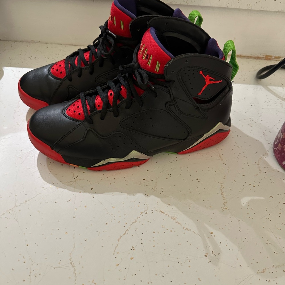 Jordan Black and Red Athletic Shoes with Green Highlights